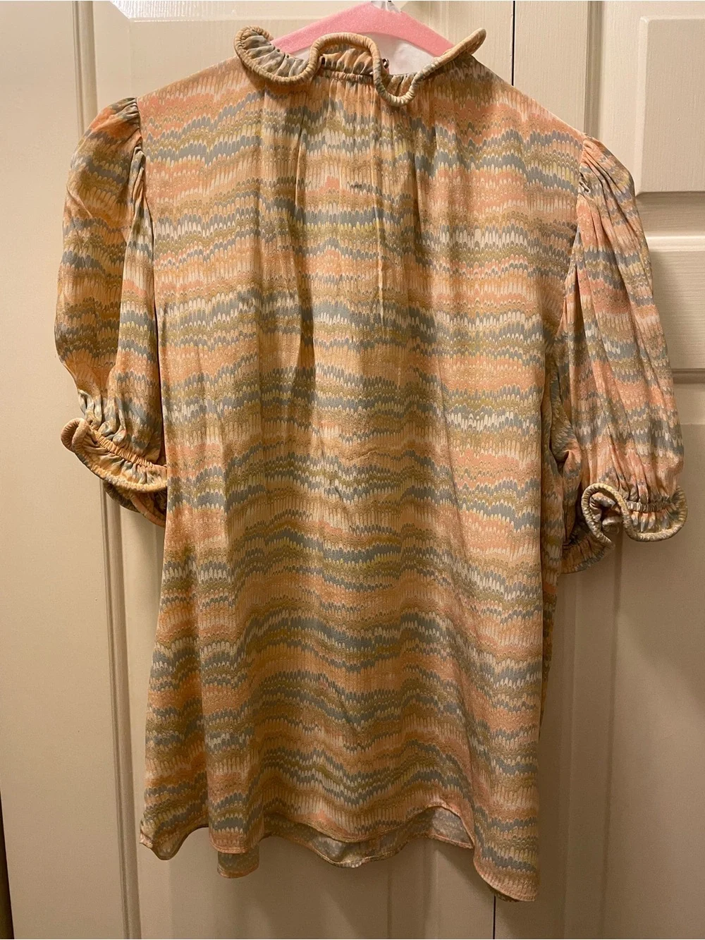 Ulla Johnson Corine Peach, Light Blue & Cream Wave-Print Ruffled Neck Blouse
